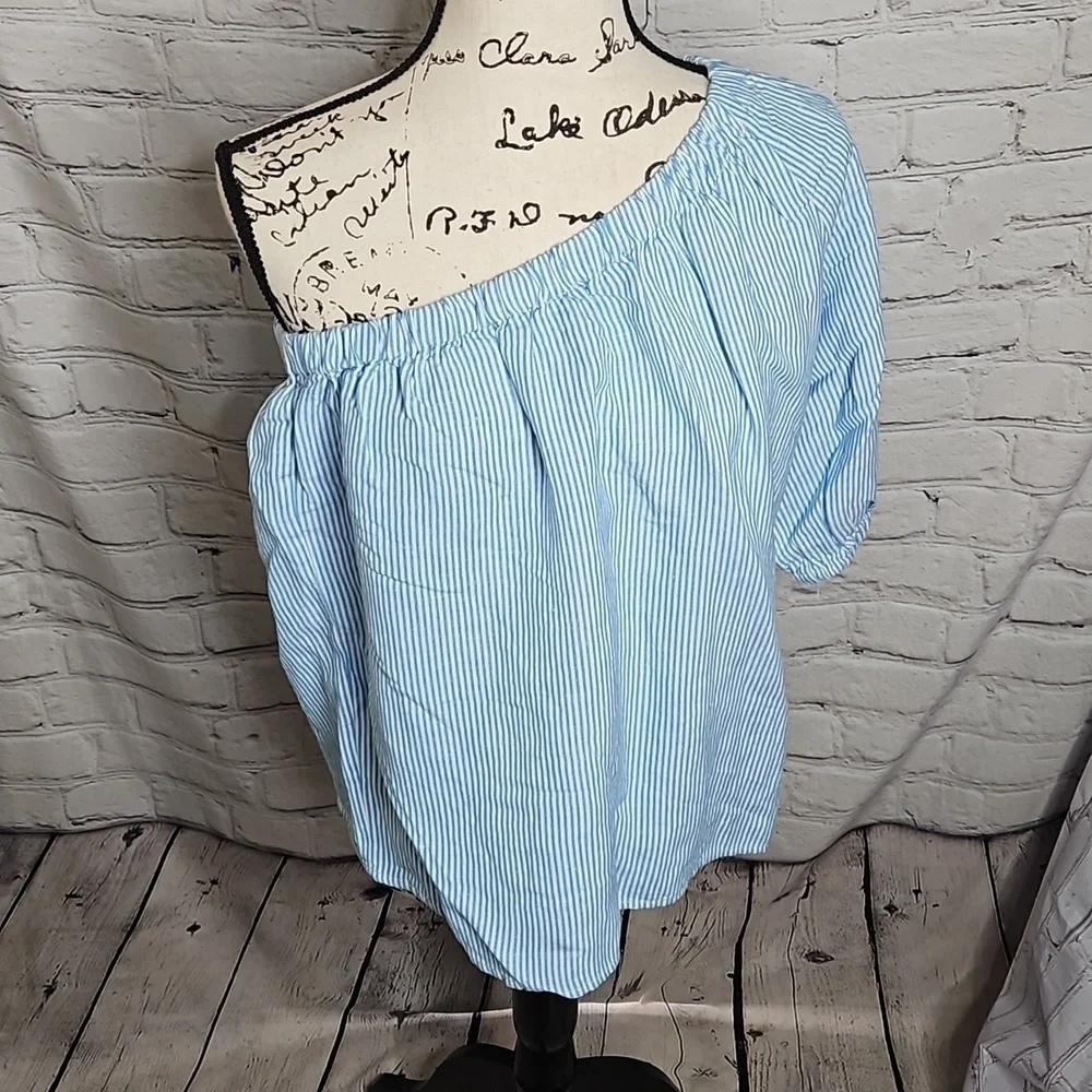 Loft Striped One Shoulder Linen Blend Blouse Size Small NWT
